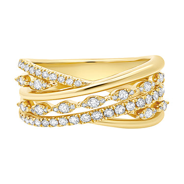 14Kt Yellow Gold 5 Row Bypass Ring with Natural Diamonds
