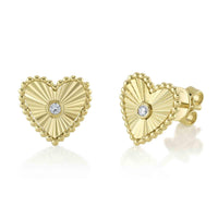 Shy Creation 14Kt Yellow Gold Sunburst Heart Stud Earrings with Natural Diamonds