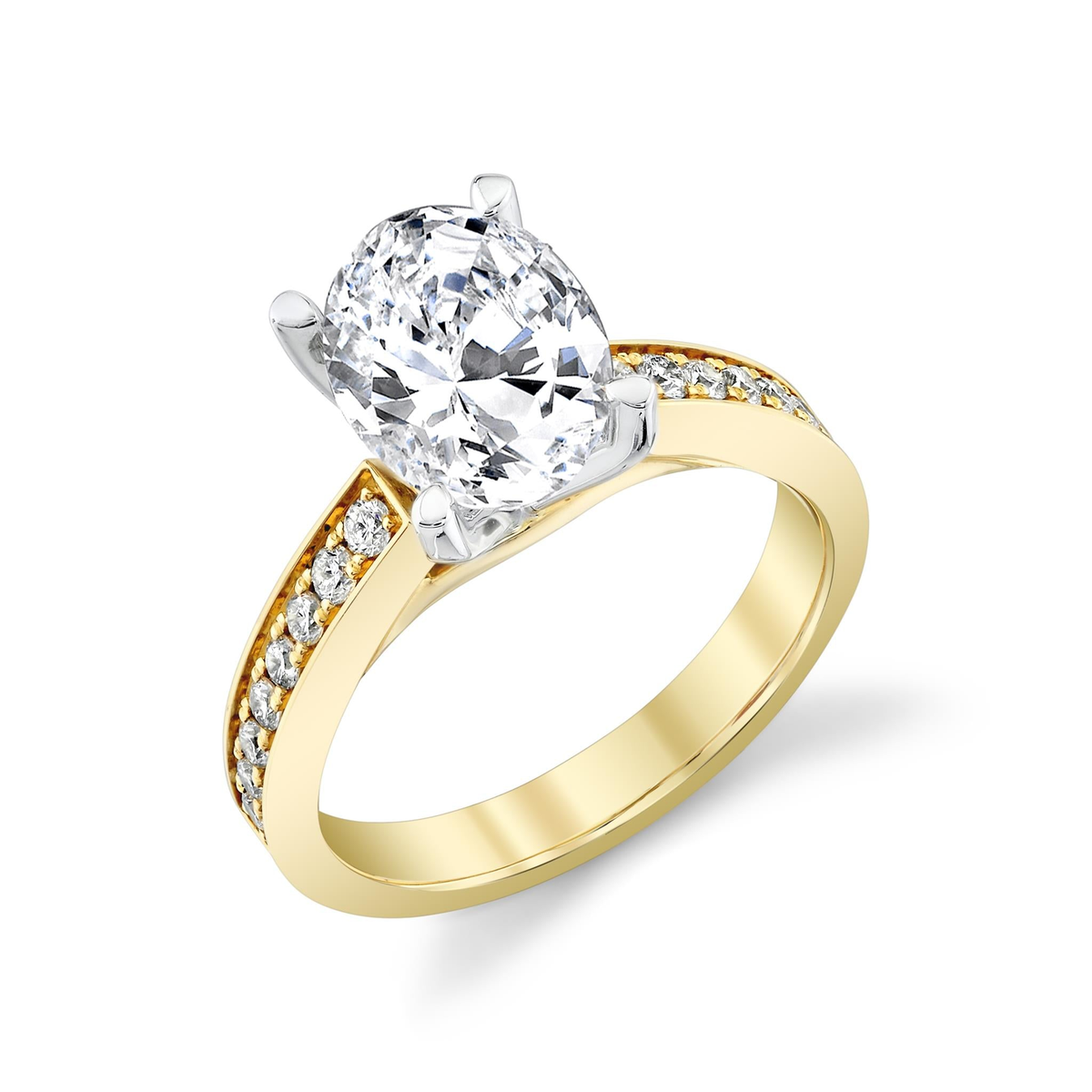 14Kt Yellow Gold Engagement Ring Mounting with 16.27cttw Channel Set Diamonds (Color G-H, Clarity SI1) 4-Prong White Gold Crown to Fit 3Ct Oval Center Diamond of Your Choice Sold Separately