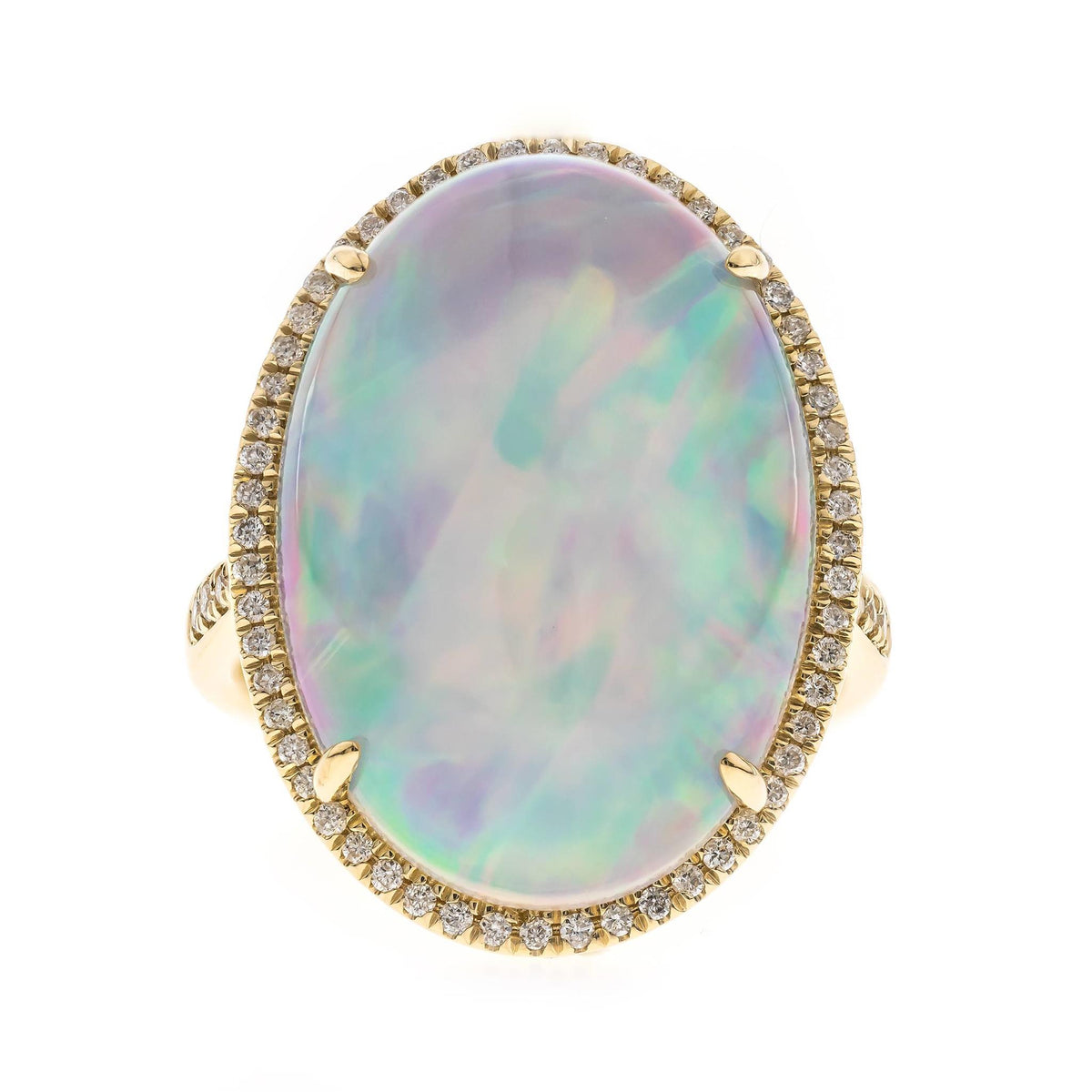 14Kt Yellow Gold Halo Gemstone Ring with 7.62ct Ethiopian Opal and Natural Diamonds