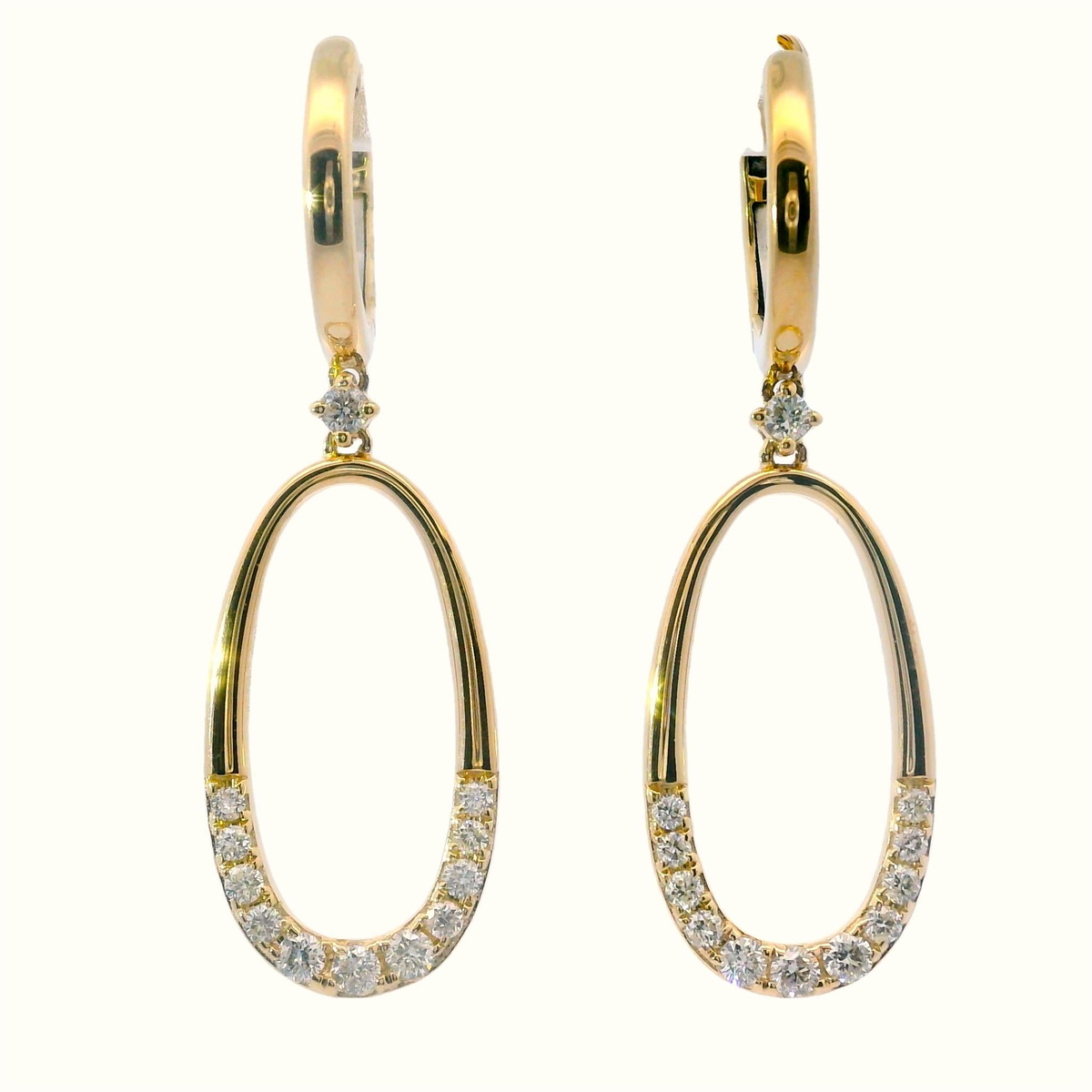 14Kt Yellow Gold Oval Dangle Hoop Earrings with .39cttw Natural Diamonds