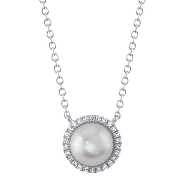 Shy Creation 14Kt White Gold Cultured Pearl & Diamond Halo Necklace