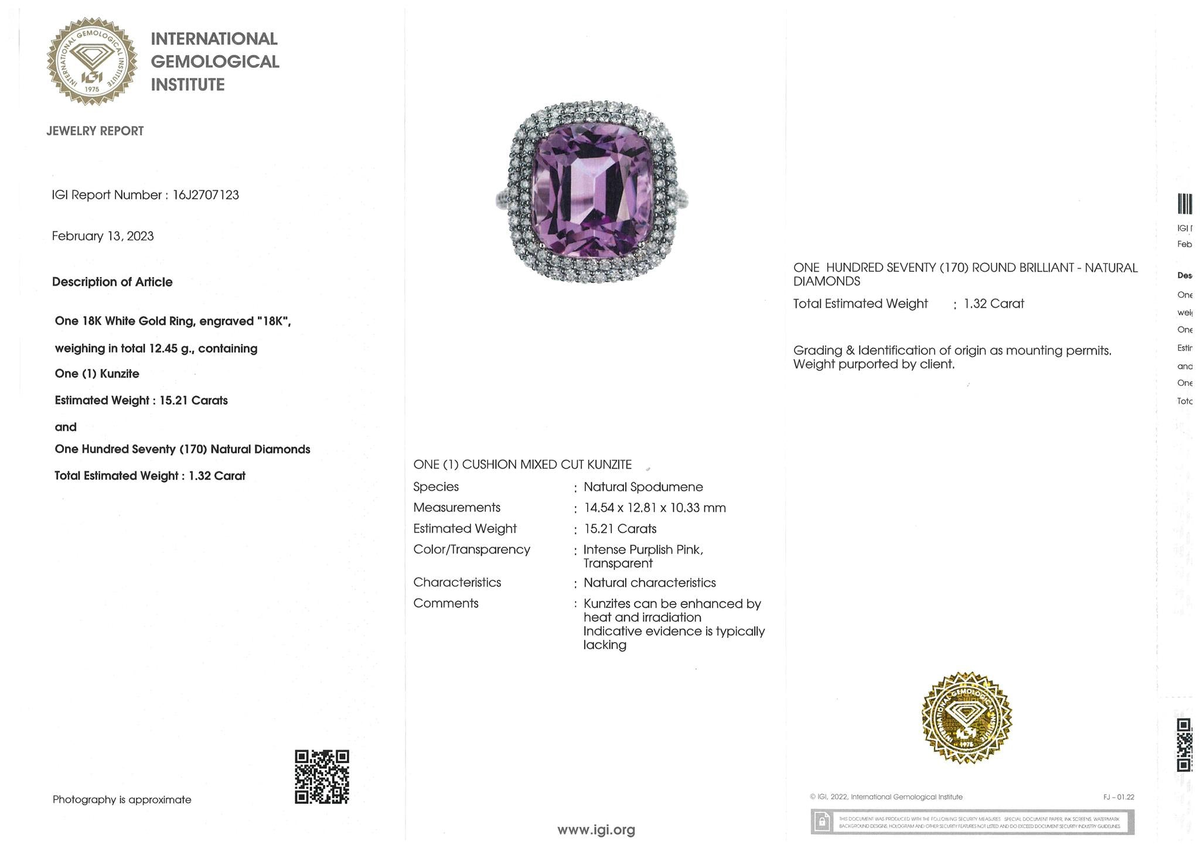 Distinctive Gem!!!  18Kt White Gold 15.21ct Kunzite Diamond Ring