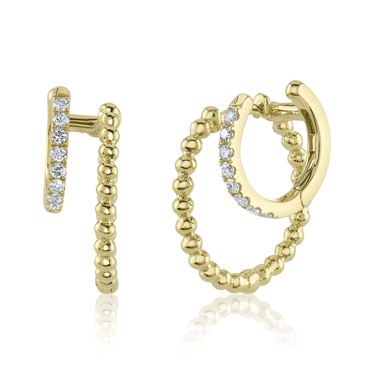 Shy Creation 14Kt Yellow Gold 18mm Double Huggie Hoop Earrings with Natural Diamonds