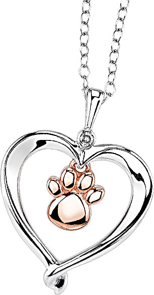 Sterling Silver & 10Kt Rose Gold Pet Paw Print Heart Pendant