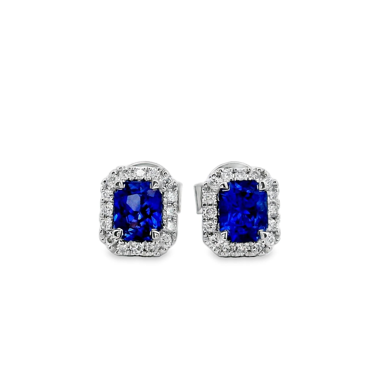 18Kt White Gold Halo Stud Earrings with 21.01cttw Sapphires and 32.16cttw Natural Diamonds (Color G-H, Clarity SI1)