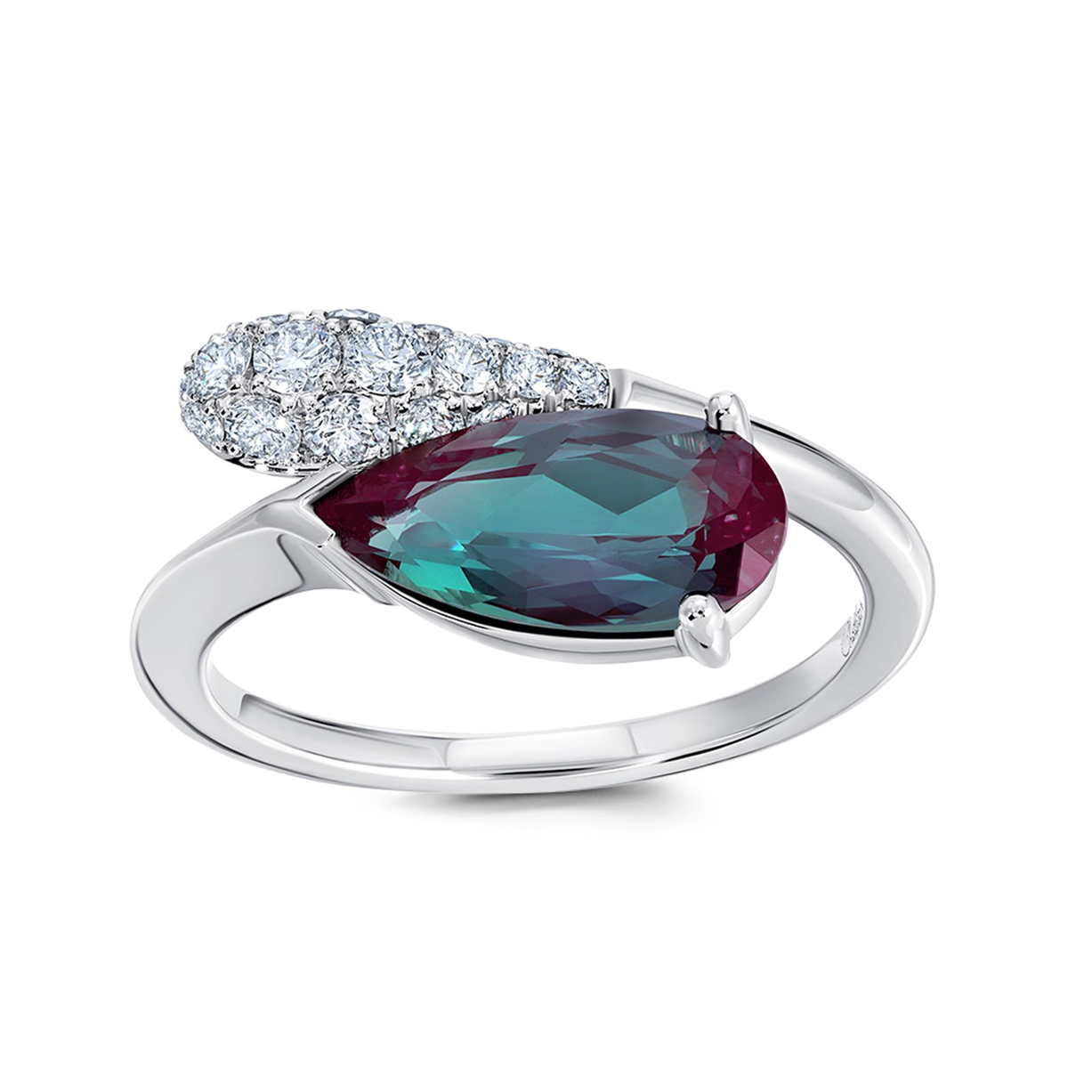 14Kt White Gold Pear Shape Chatham Lab-Created Alexandrite Ring with Lab-Grown Diamonds