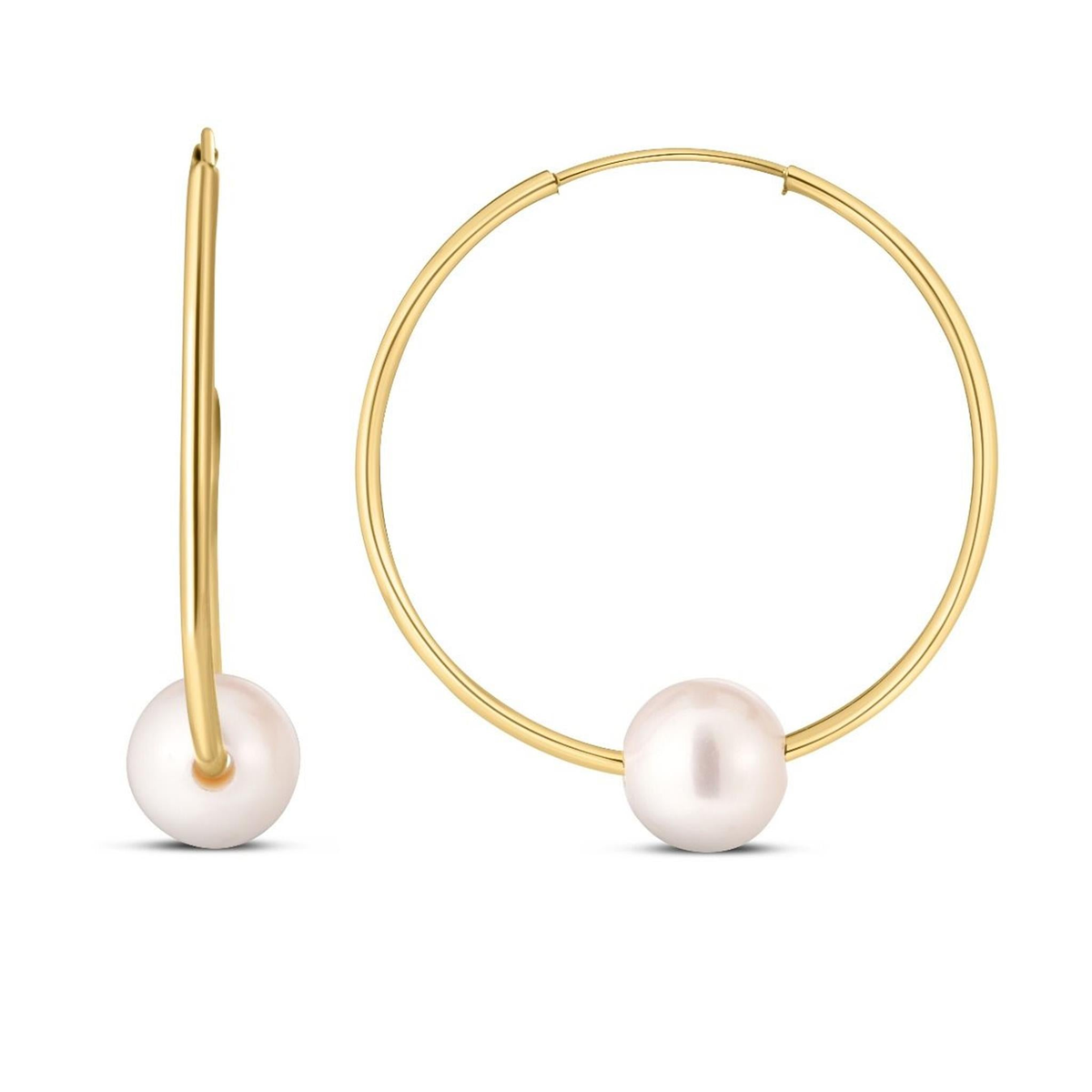 14Kt Yellow Gold Endless Hoop Earrings With 6.5x7mm Fresh Water Cultured Pearl