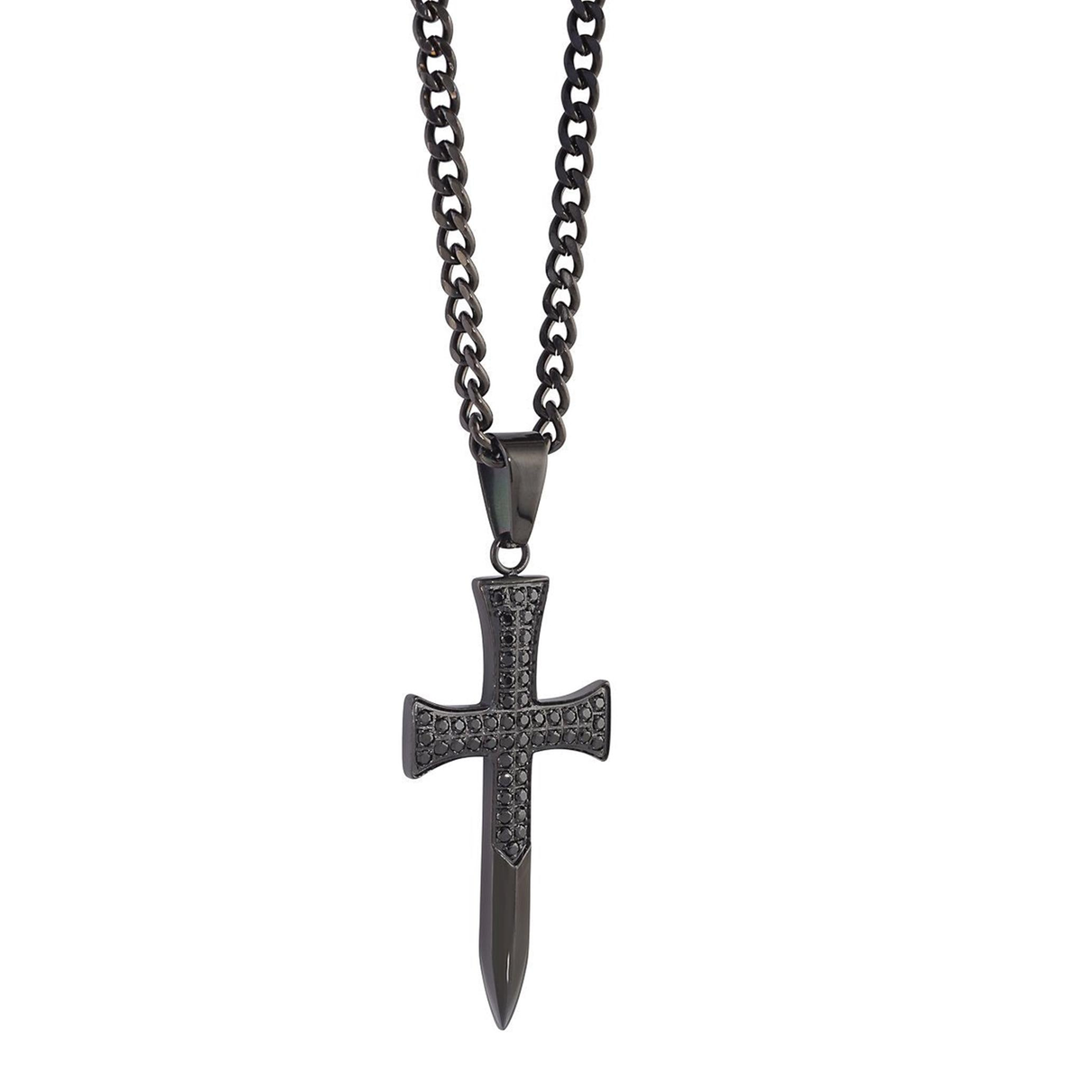 S. Steel Black IP Sword Cross with Black Cubic Zirconia on 22" Curb Chain