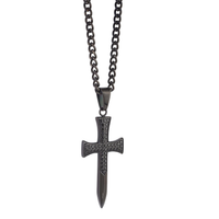 S. Steel Black IP Sword Cross with Black Cubic Zirconia on 22" Curb Chain