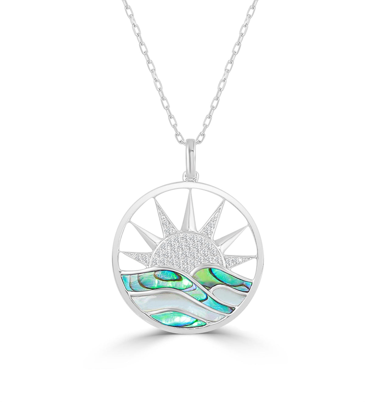 Frederic Sage 14Kt White Gold Medium Diamond Sunrise, Abalone, & White Mother Of Pearl Waves Pendant