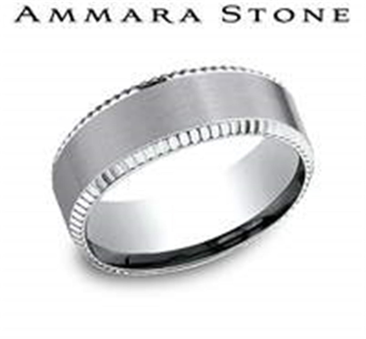 Ammara Stone 8mm Grey Tantalum Band with 14Kt White Gold Beveled Coin Edge