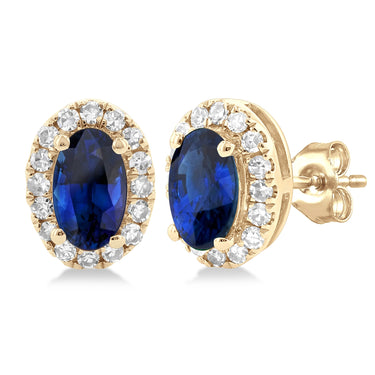 10Kt Yellow Gold 5x3mm Oval Blue Sapphire & 0.13cttw Diamond Halo Stud Earrings