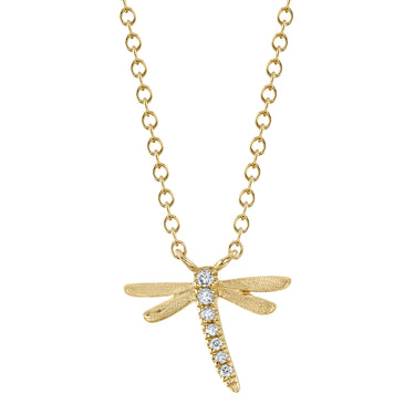 Shy Creation14Kt Yellow Gold Dragonfly Pendant with 7 Round Diamonds totaling 0.03cttw on 18" Adjustable Length Cable Chain (H Color - SI1 Clarity)