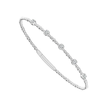 14Kt White Gold Beaded Flex Bangle Bracelet With 5 Round Buttercup Set Natural Diamonds Totaling .30cttw