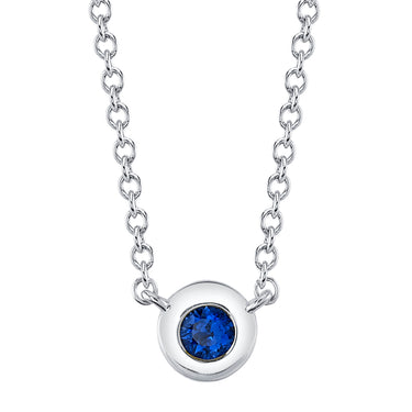 Shy Creation 14kt White Gold Bezel Set Pendant With .07ct Sapphire on 18" Adjustable Length Chain