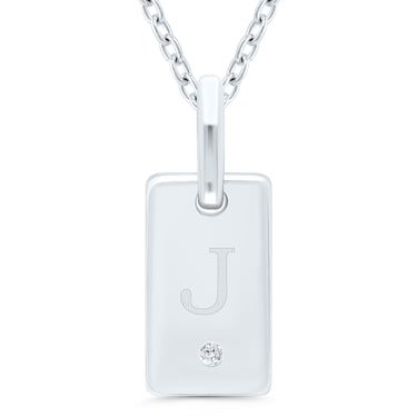 Sterling Silver ID Tag 'J' 0.01ct Diamond Accent Pendant 