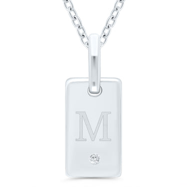 Sterling Silver ID Tag 'M' 0.01ct Diamond Accent Pendant 