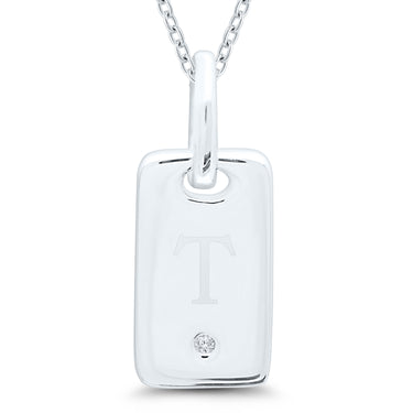Sterling Silver ID Tag 'T' 0.01ct Diamond Accent Pendant 