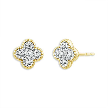 14Kt Yellow Gold Grenada Clover Stud Earrings With .50cttw Round Natural Diamonds