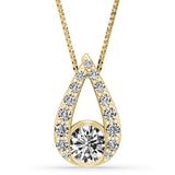 Yellow gold pear-shaped pendant necklace with diamond accents and open teardrop design.