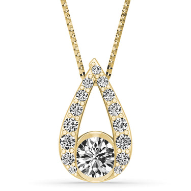 Yellow gold pear-shaped pendant necklace with diamond accents and open teardrop design.