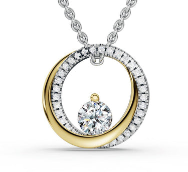 14Kt Yellow & White Gold You & Me Intersecting Circle Pendant With 1.01ct Round Center Natural Diamond (I Color - SI2 Clarity) And 34 Accent Diamonds Totaling .27cttw On 18" 14Kt Yellow Gold Cable Chain