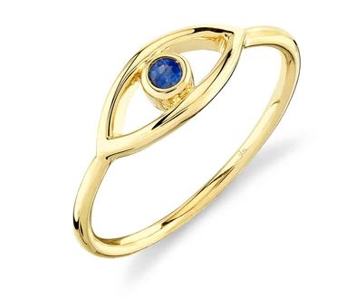 Shy Creation -14Kt Yellow Gold Evil Eye Ring with Sapphire - Size 7