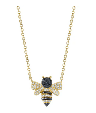 Shy Creation 14K Yellow Gold Queen Bee Necklace with Black and White Diamonds totaling .15cttw (H Color - SI1 Clarity) on 16-18" Adjustable Chain