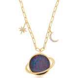 Yellow gold necklace with round purple gemstone pendant and diamond halo accents.