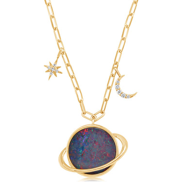 Yellow gold necklace with round purple gemstone pendant and diamond halo accents.