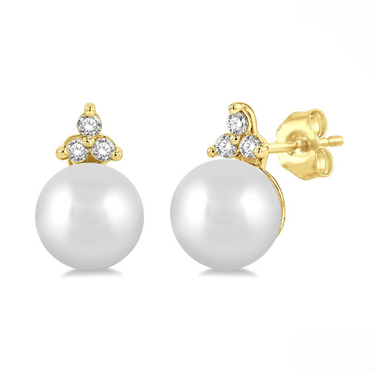 10Kt Yellow Gold Stud Earrings With 5.5mm Akoya Cultured Pearl and Trio of Diamonds Totaling .05cttw