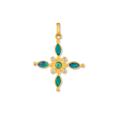 Compass-inspired gemstone pendant with multicolor gemstones and gold accents.