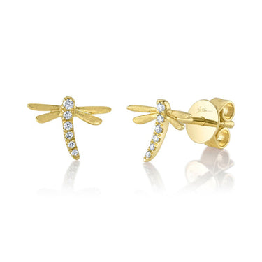 Shy Creation 14K Yellow Gold Dragonfly Stud Earrings with .05cttw Diamond Accents And Friction Back Posts  (H Color - SI1 Clarity)