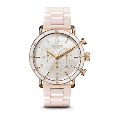 Shinola Canfield Sport Chronograph Blush Ceramic Strap 40mm Mother of Pearl Dial 5040.D Argonite Quartz Watch