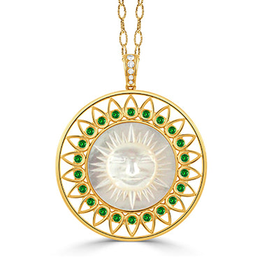 Doves Happy Sun 18Kt Yellow Gold 34mm Pendant with Tsavorite,  White Mother of Pearl, and a Diamond Bail-Paperclip Chain Sold Separately