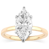 Yellow gold engagement ring with marquise-cut center diamond and pavé diamond accents.