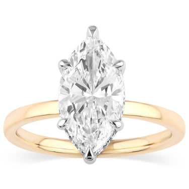 Yellow gold engagement ring with marquise-cut center diamond and pavé diamond accents.