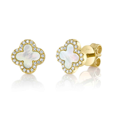 Shy Creation 14Kt Yellow Gold Mother of Pearl & 0.11cttw Diamond Clover Stud Earrings