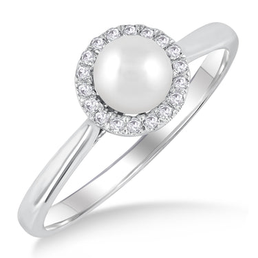 10Kt White Gold 5mm White Cultured Pearl & 0.07cttw Diamond Halo Ring