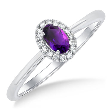 10Kt White Gold 5x3mm Oval Amethyst & 0.07cttw Diamond Halo Ring