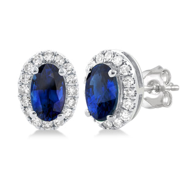 10Kt White Gold 5x3mm Oval Blue Sapphire & 0.13cttw Diamond Halo Stud Earrings