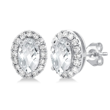 10Kt White Gold 5x3mm Oval White Topaz & 0.13cttw Diamond Halo Stud Earrings