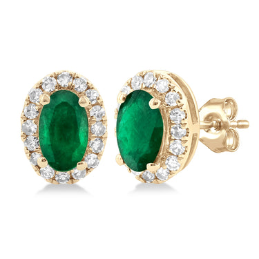 10Kt Yellow Gold Oval Halo Stud Earrings with Natural Emerald and .13Cttw Diamonds