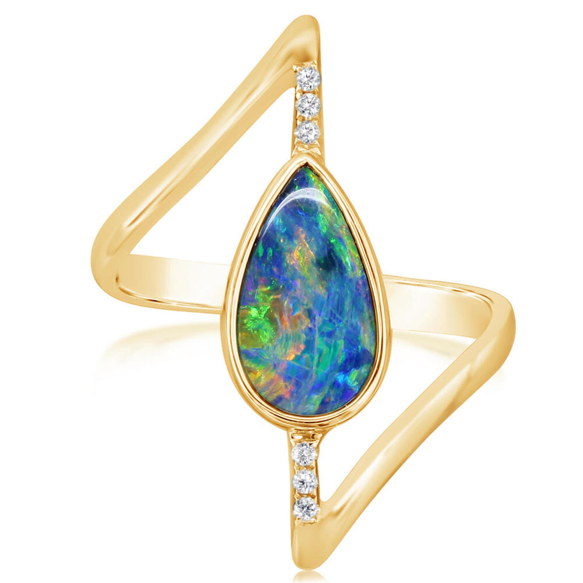 14Kt Yellow Gold Ring with Bezel Set Australian Opal and Natural Diamonds