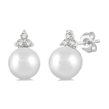 10Kt White Gold Stud Earrings With 5.5mm Akoya Cultured Pearl and Trio of Diamonds Totaling .05cttw