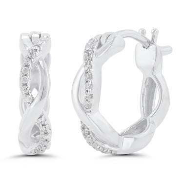 10Kt White Gold Infinity Twist 0.05cttw Diamond Huggie Hoop Earrings