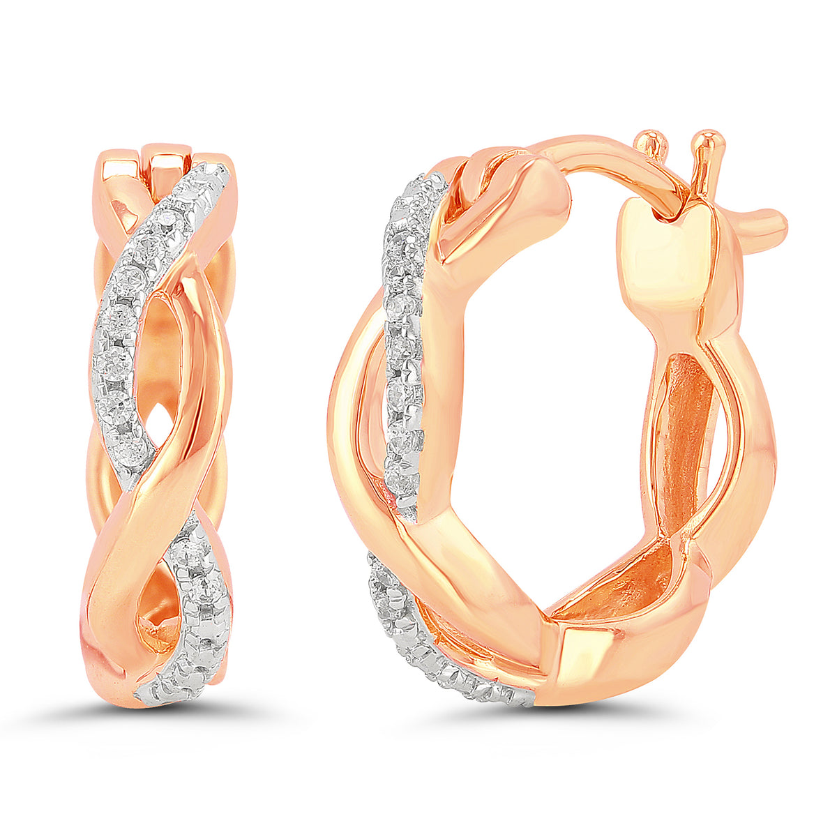 10Kt Rose Gold Twisted Hoop Earrings .05cttw Natural Diamonds