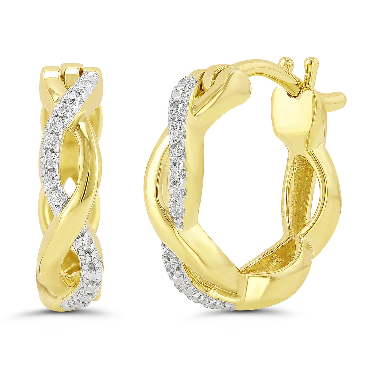 10Kt Yellow Gold Twisted Hoop Earrings 0.05cttw Natural Diamonds