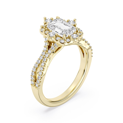 Lasker's Big Rocks Lab-Grown Diamond Collection Split Shank Halo Ring in 14Kt Yellow Gold with 2.07ct  Emerald Cut Center  Diamond